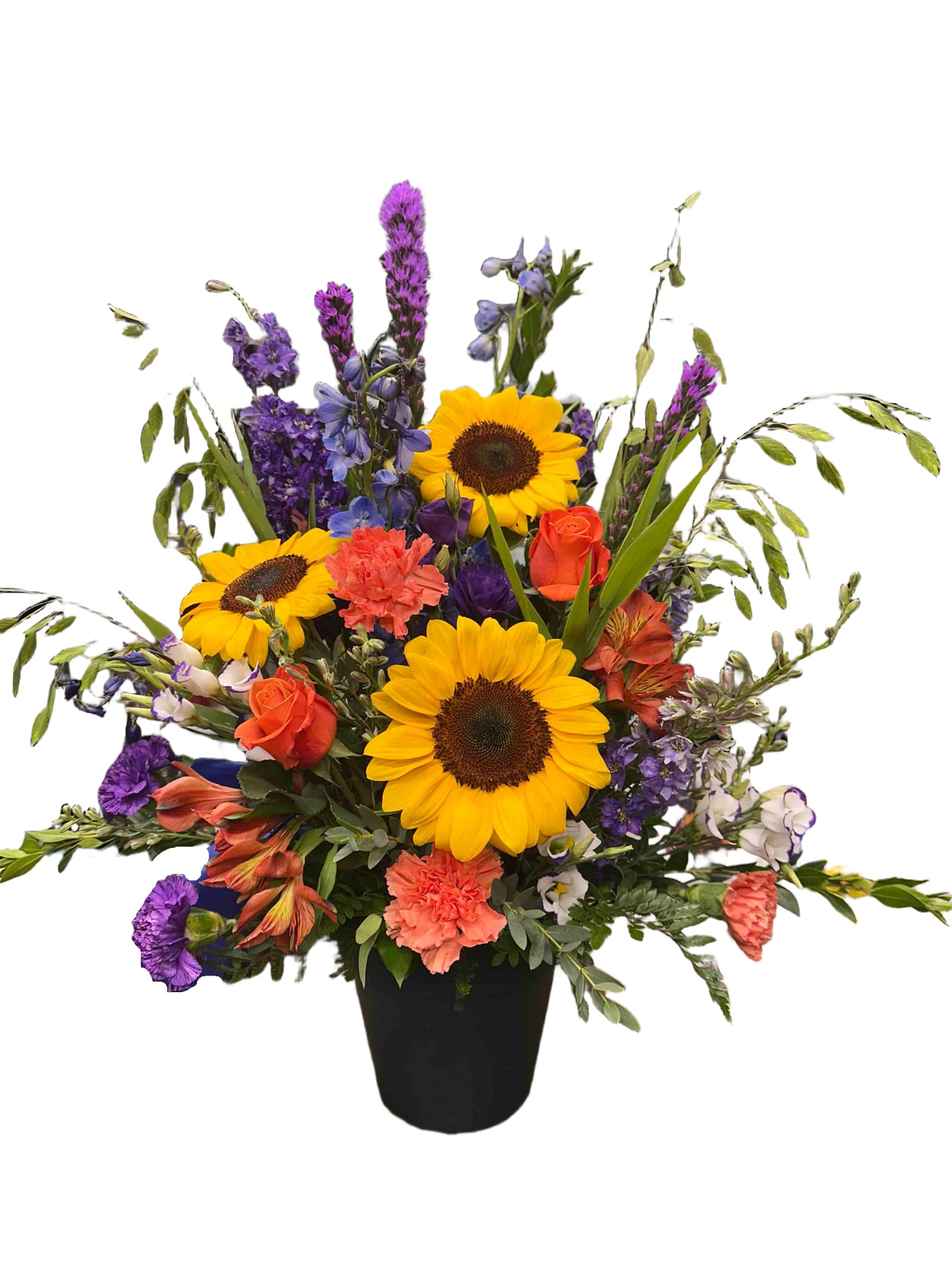 Field of Sunflowers Bouquet - Colorful bouquet of sunflowers, carnations, delphinium and roses