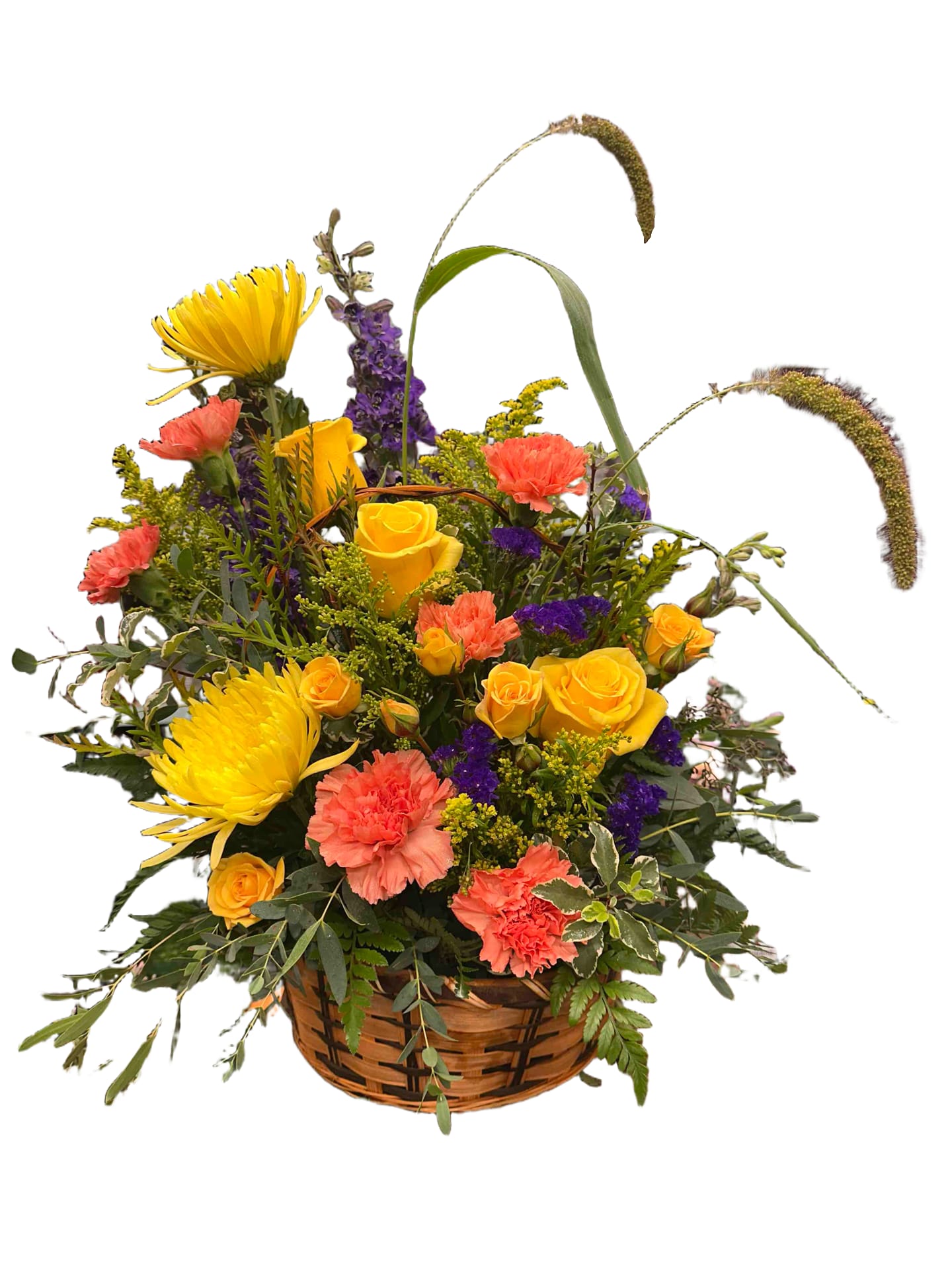 Whimsical Basket Bouquet - Breathtaking combination of yellow, orange, and purple flowers