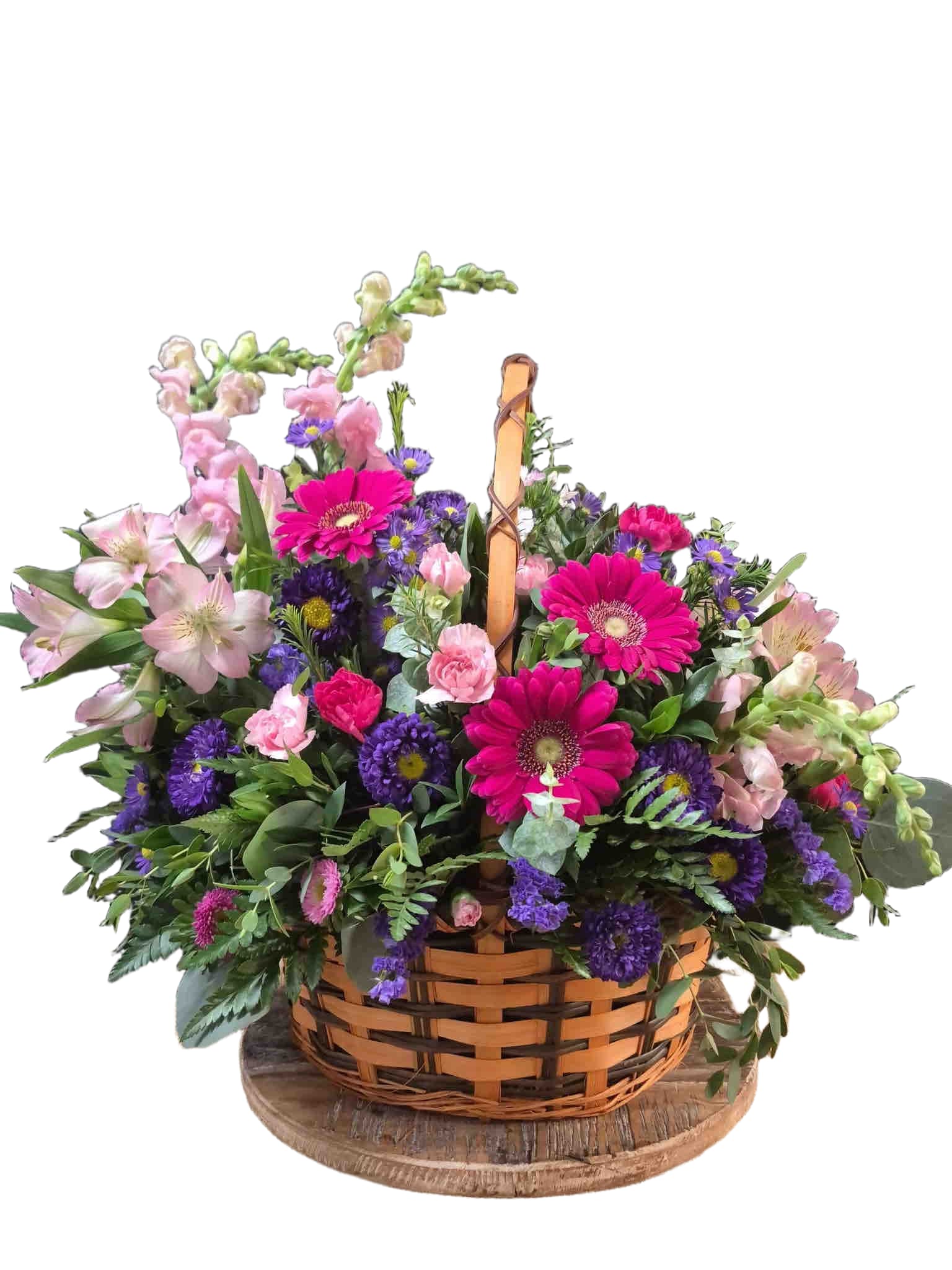 Purple Garden Basket - Basket with gerber daisies, snapdragons, carnations and asters