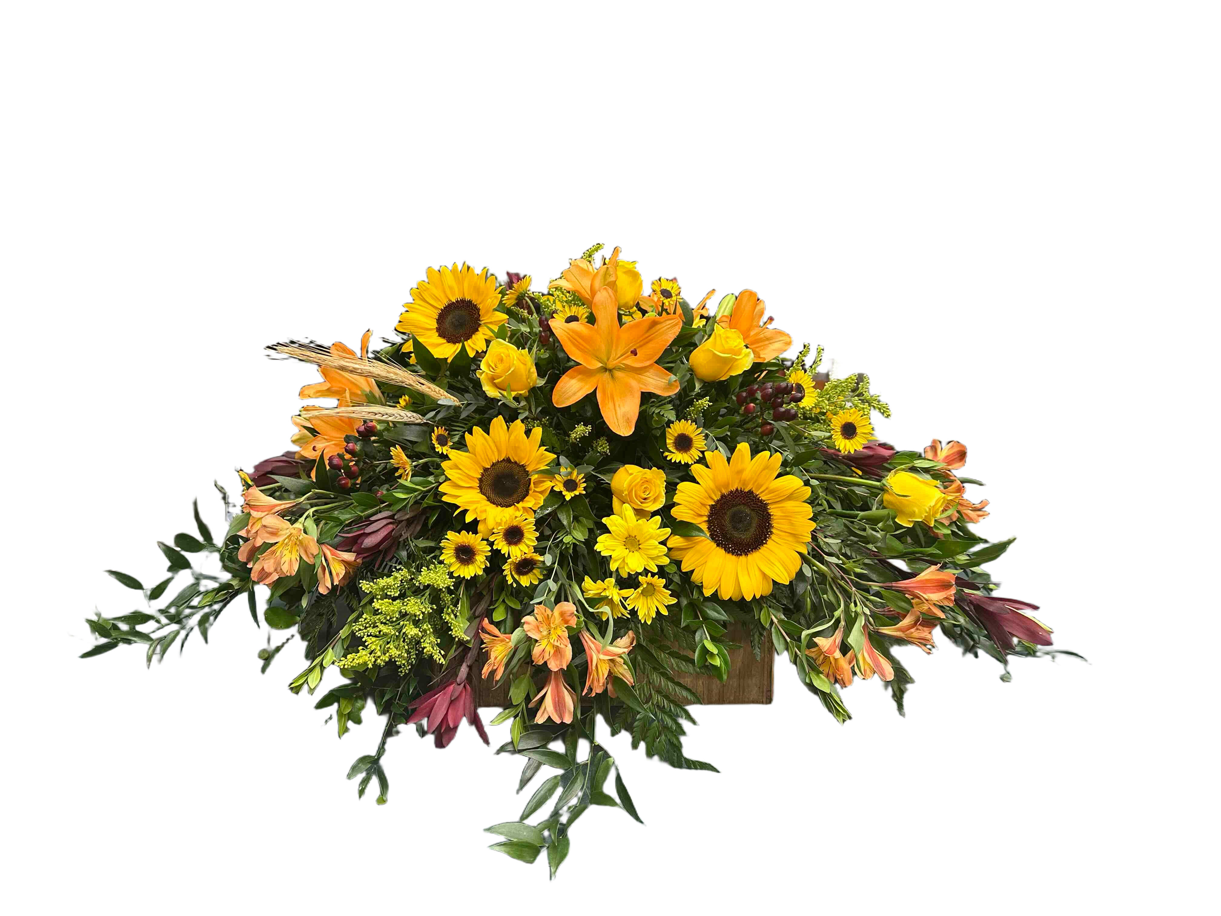 Sunflower Sentiment - Gorgeous mix of orange lilies, sunflowers, yellow roses, etc
