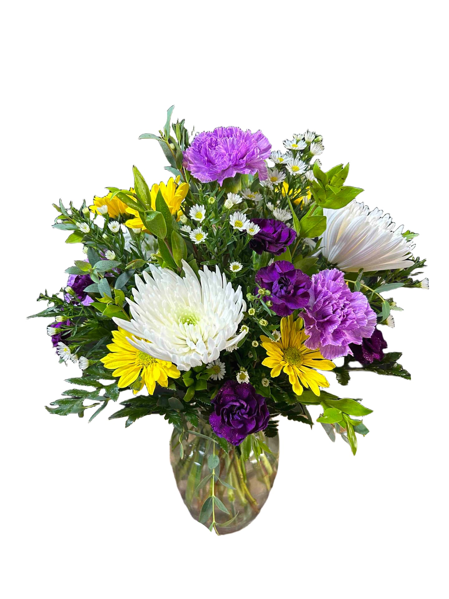 Color Trio Bouquet - Fun mix of purple, yellow, and white flowers