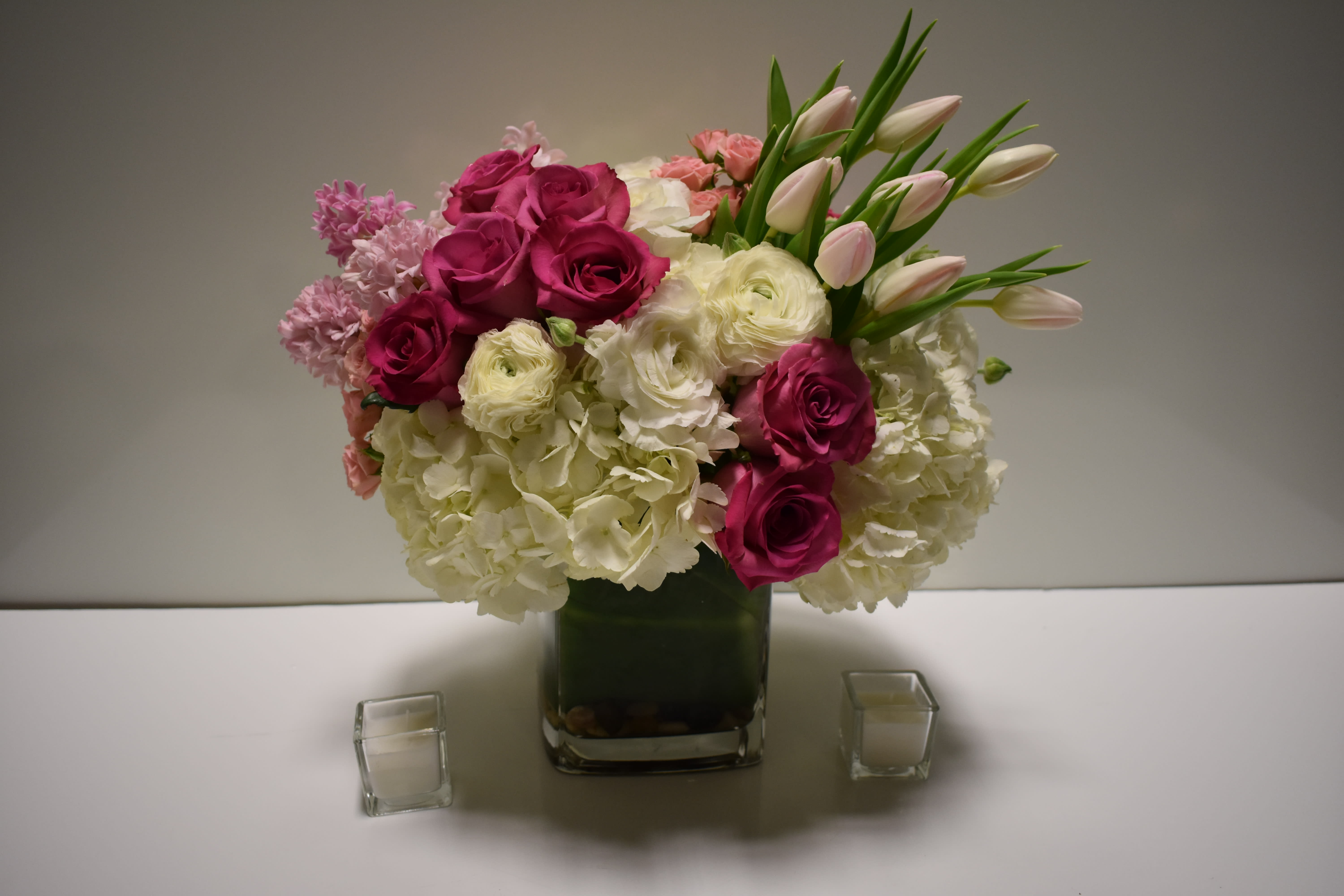 Friendship  - This beautiful Friendship design comes with some white hydrangeas, pink roses, Light pink tulips, white ranunculus, pink Hyacinth and pink mini roses  Lovely pink mixed  Perfect for  birthday flowers anniversary flower  just because flowers  congratulations flowers  Get well flowers  Christmas flowers Valentines Day flowers Mother's Day flowers  