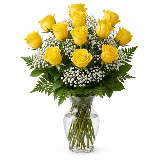 Dozen Stemmed  Roses - Yellow - It's fun to be flirty! Send a dozen roses to the one you love and she just might make you blush. Especially if the dozen roses in question are this gorgeous! This arrangement is sweet and innocent as can be. Of course, it's a bit sassy and a whole lot sexy, as well.  