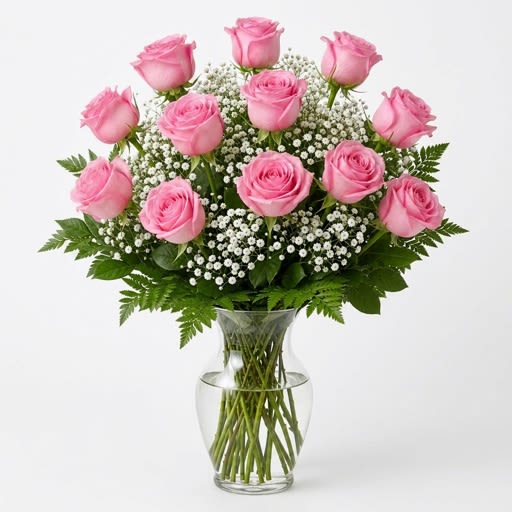 Dozen Stemmed Roses - Pink - A graceful dome of a dozen pink roses sits atop a cloud of tiny white filler blooms in a clear glass vase - a pink rose arrangement perfect for birthdays, anniversaries, or a thoughtful just-because gift. The soft pink and crisp white palette reads romantic and feminine without feeling overdone, so the person you're thinking of will feel cherished and seen the moment these arrive.
