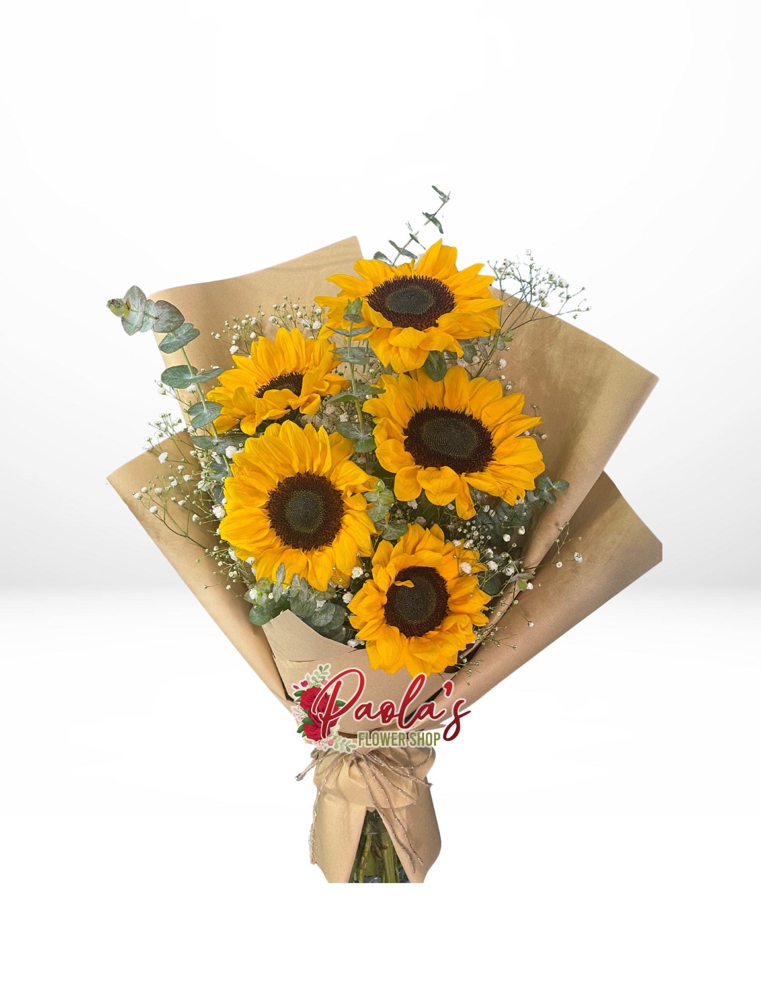 Bouquet of sunflowers wrapped in brown paper with a ribbon