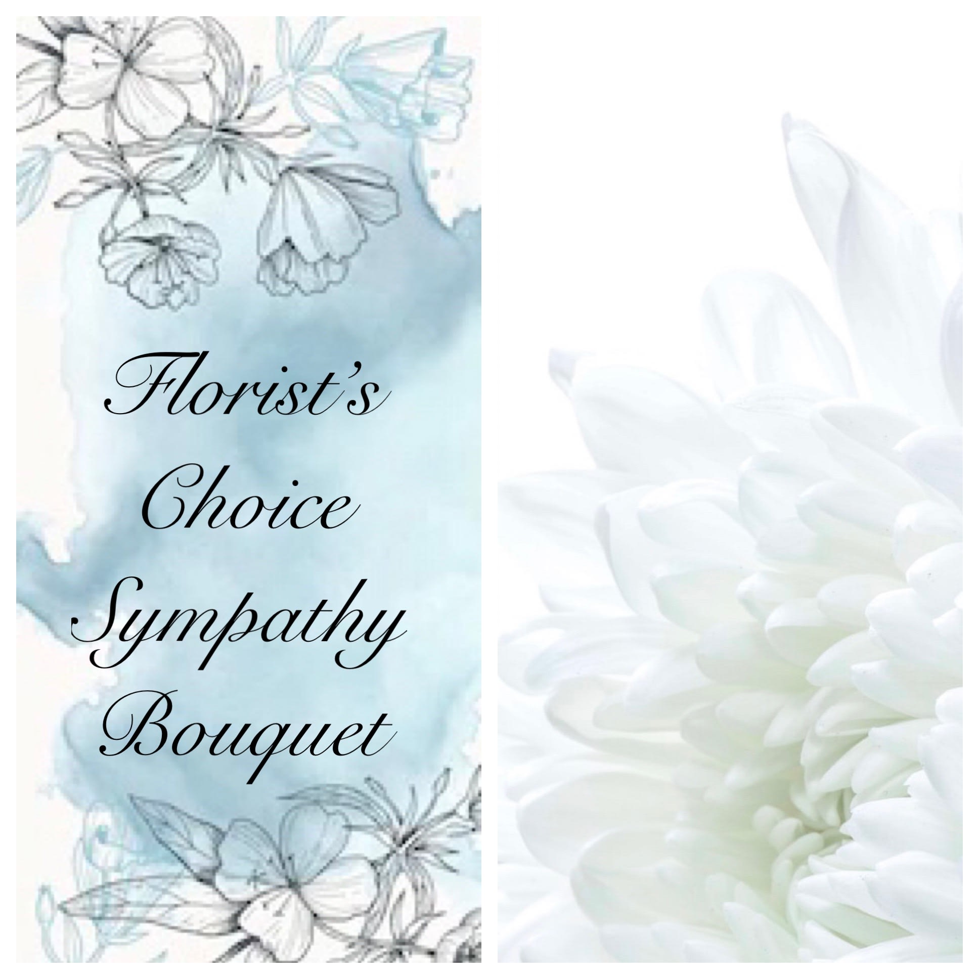 Sympathy bouquet graphic with white flowers and pale blue background