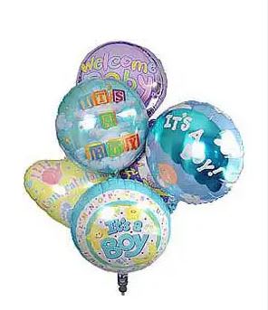 Cluster of baby shower balloons in blue, purple, and yellow