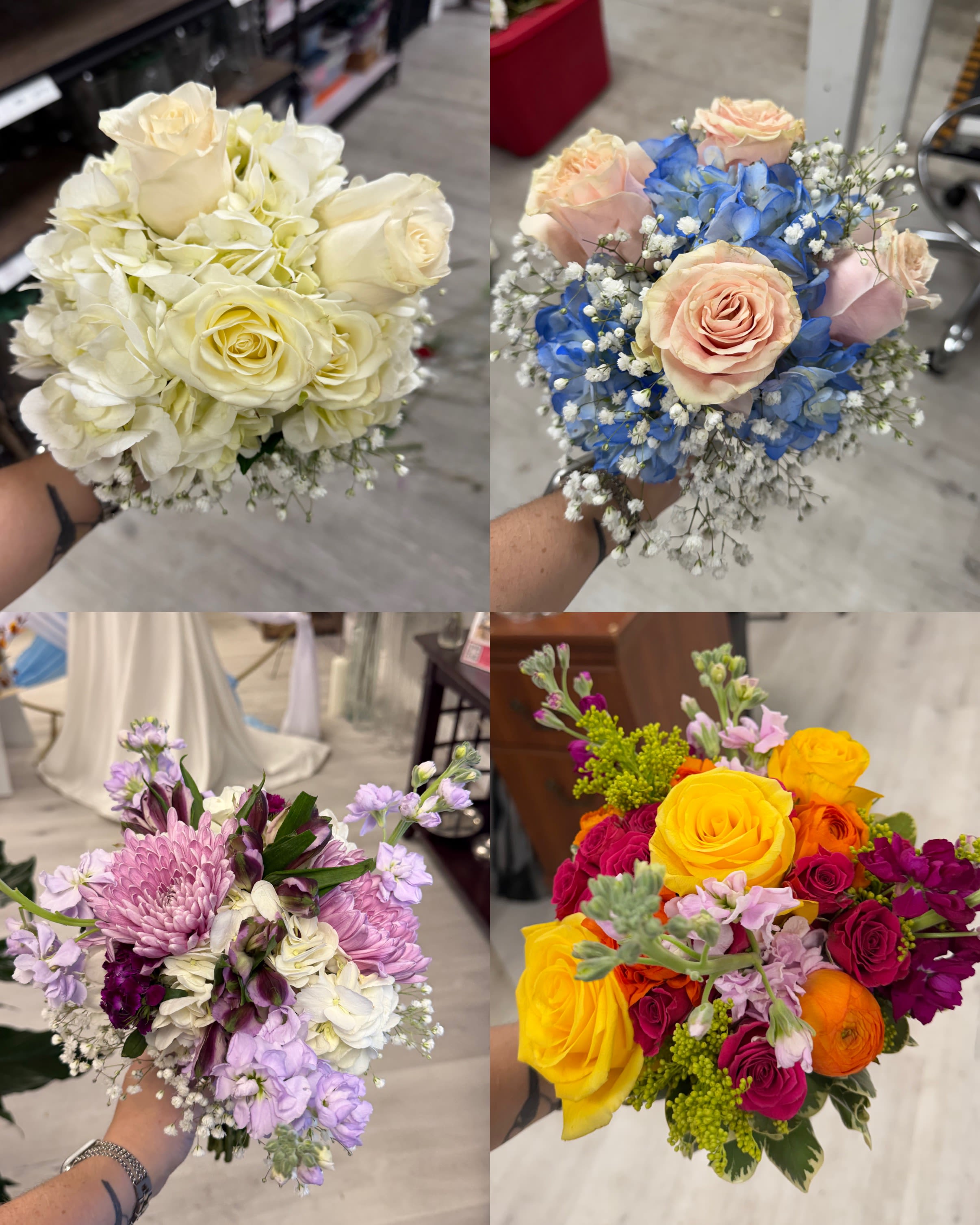 Four hand-held bouquets in different color palettes, including white, blue, lavender, and bright mixed colors.