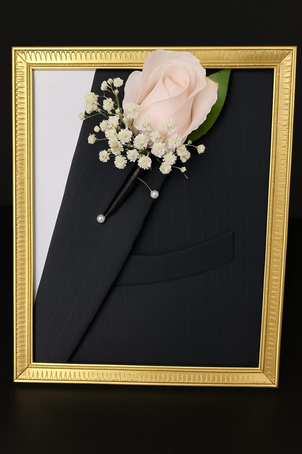 Boutonniere with a pale pink rose and white baby's breath in a gold frame