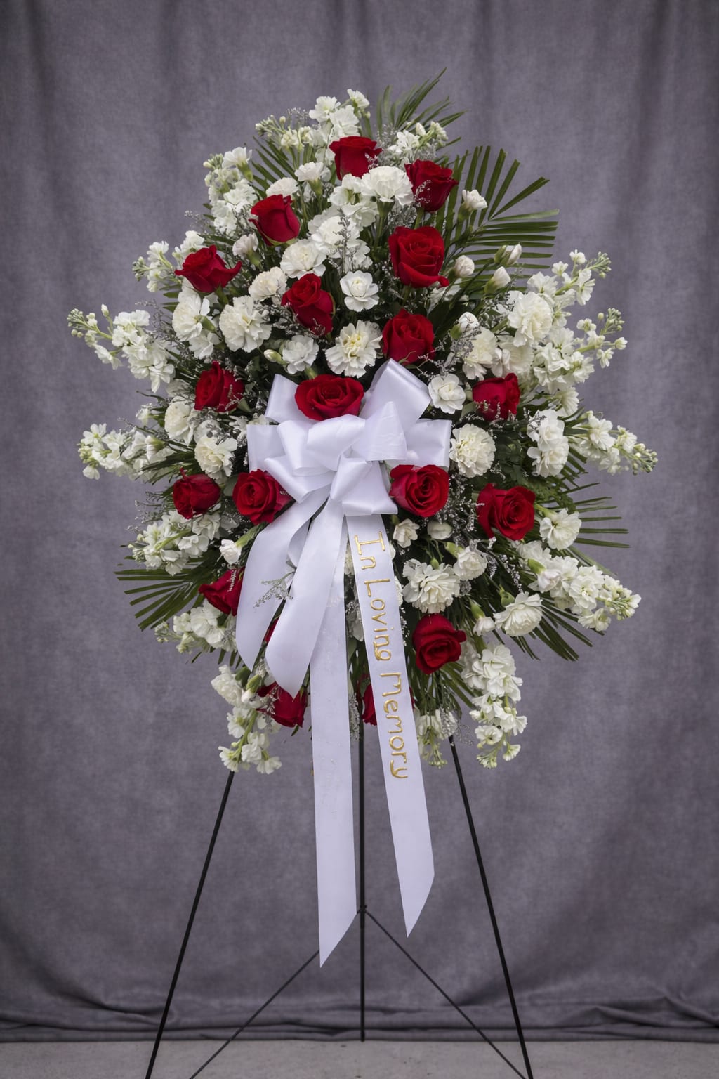 Standing red and white rose funeral spray with a white ribbon on an easel