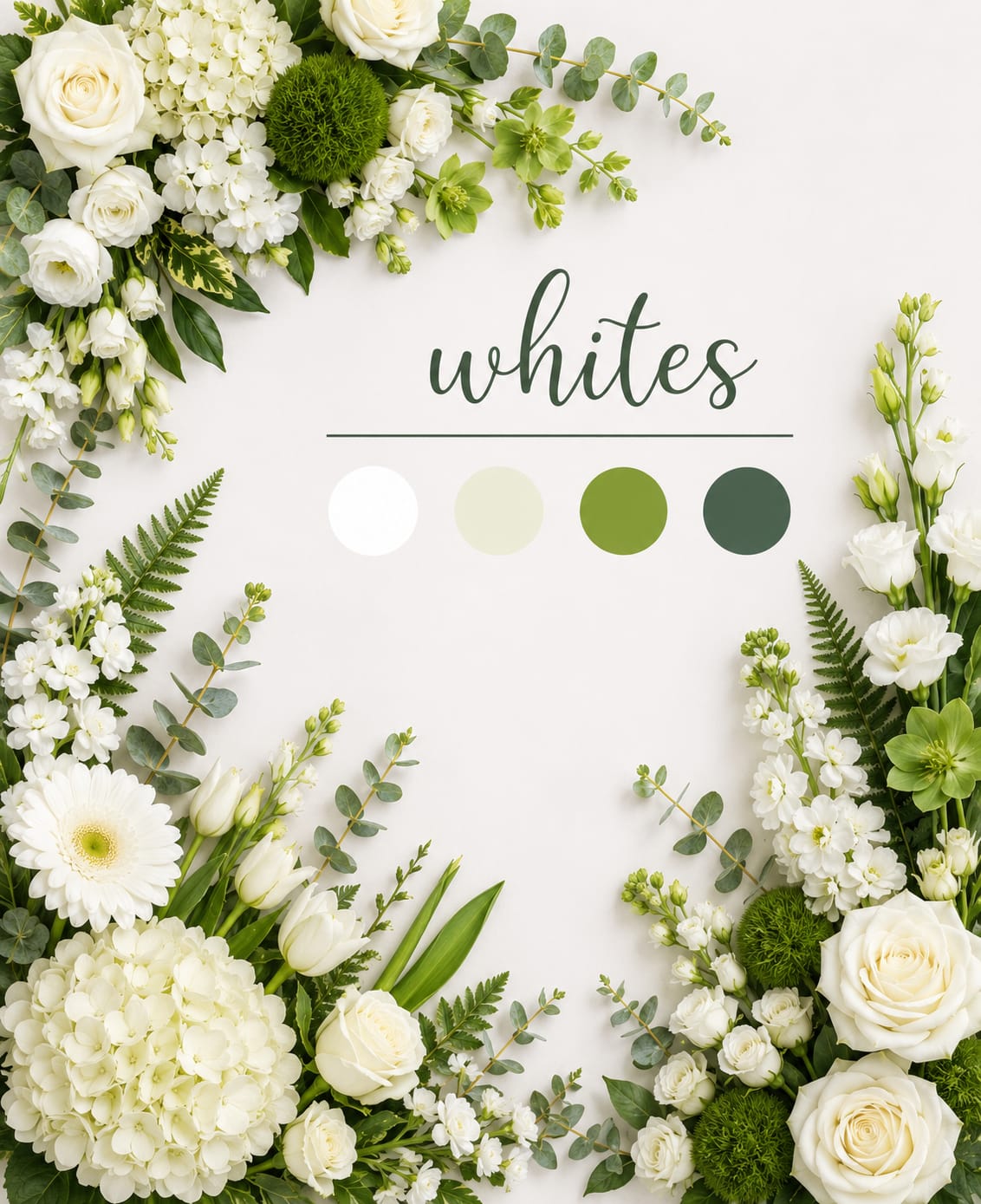White floral frame with roses, hydrangeas, and green accents around the word whites