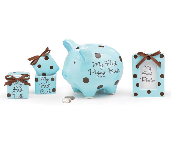 Blue polka-dot baby keepsake set with piggy bank and photo frame