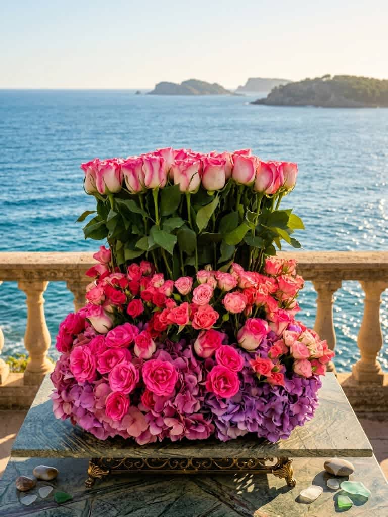 Tiered arrangement of pink roses and purple hydrangeas by the sea