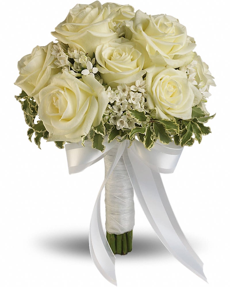 White rose bouquet with ribbon-wrapped stems