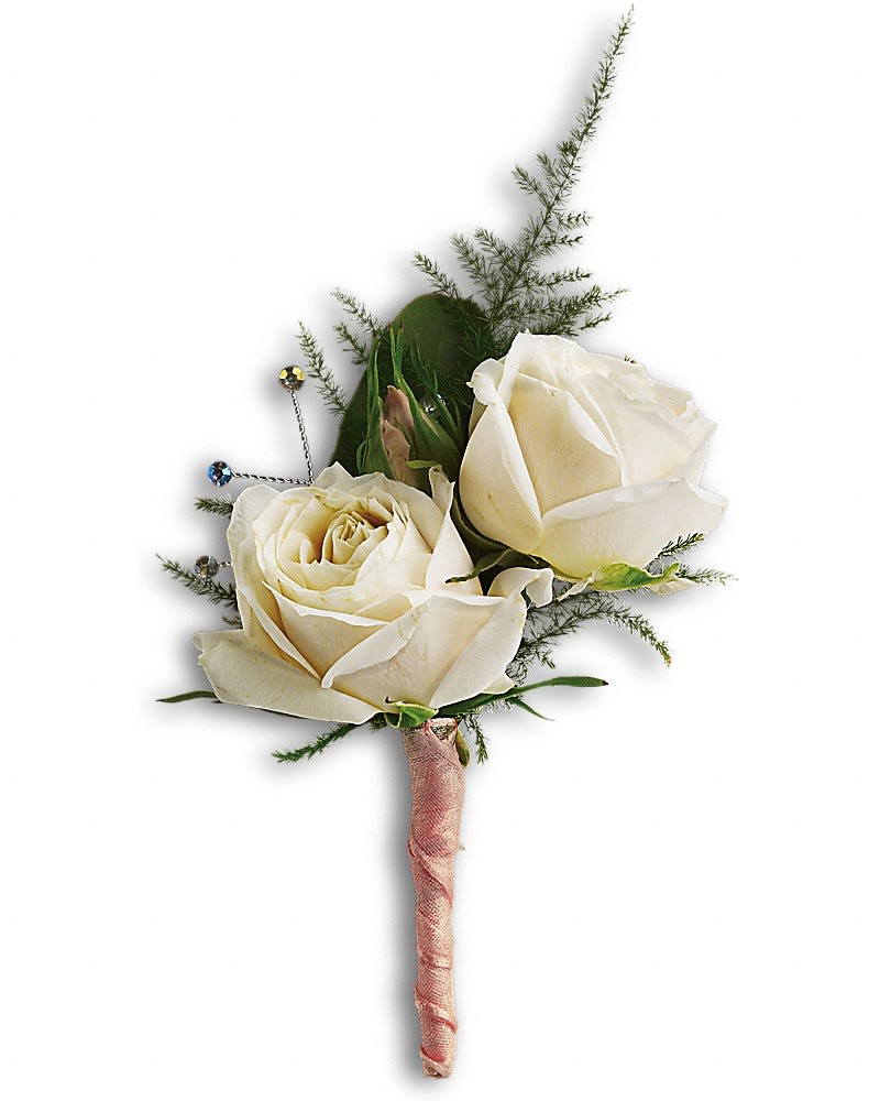 Two white roses in a small hand-tied boutonniere