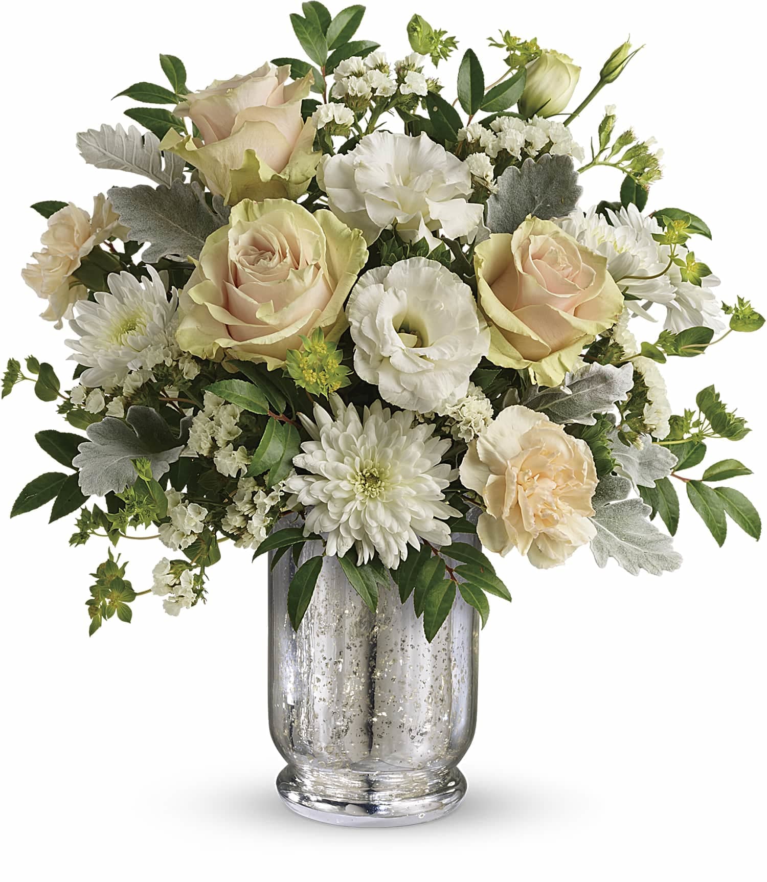 Endless Lovelies Bouquet - Arranged in a vintage-inspired mercury glass hurricane, this gorgeous array of soft peach roses and delicate white lisianthus has a timeless appeal anyone will adore. Later, add a votive to the hurricane for a sparkling glow. 