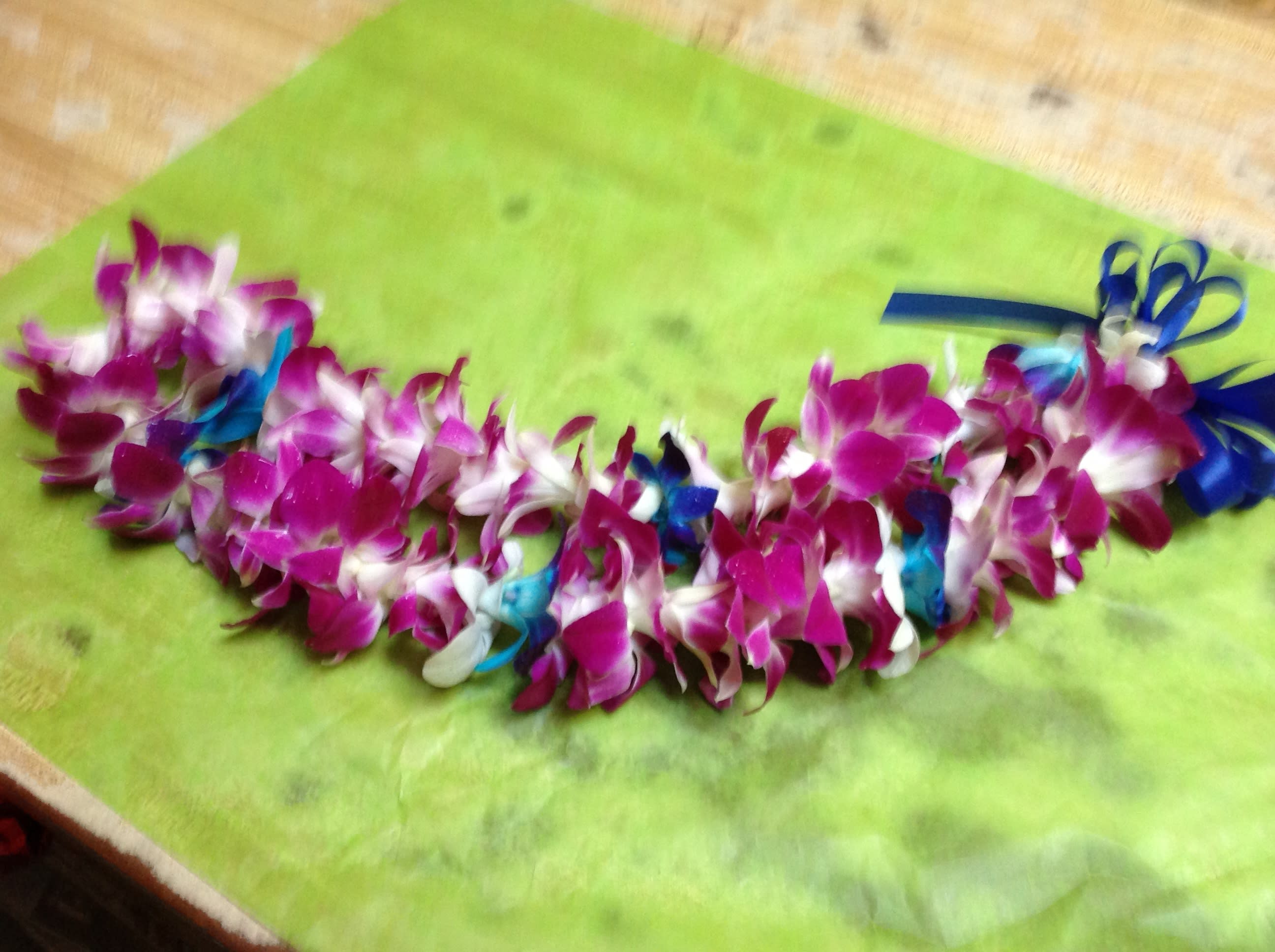 Purple and white orchid lei with blue ribbon accents on green paper