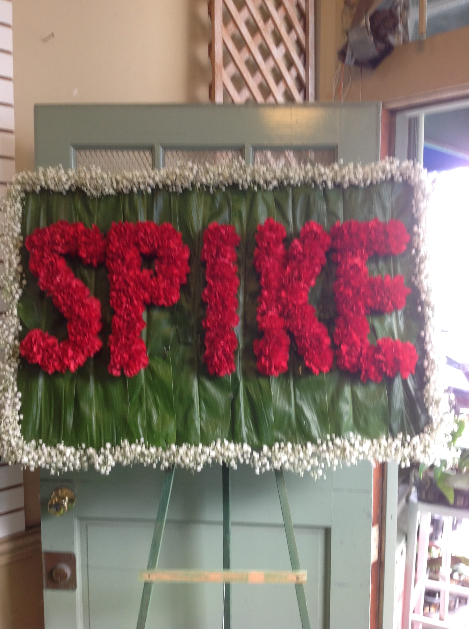Red floral spray spelling "SPICE" on a green leaf background