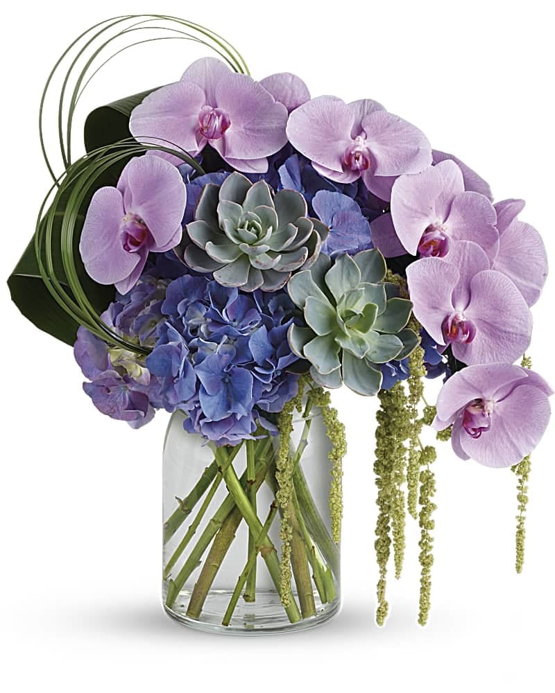Lavender orchids and blue hydrangeas in a clear glass vase with succulents