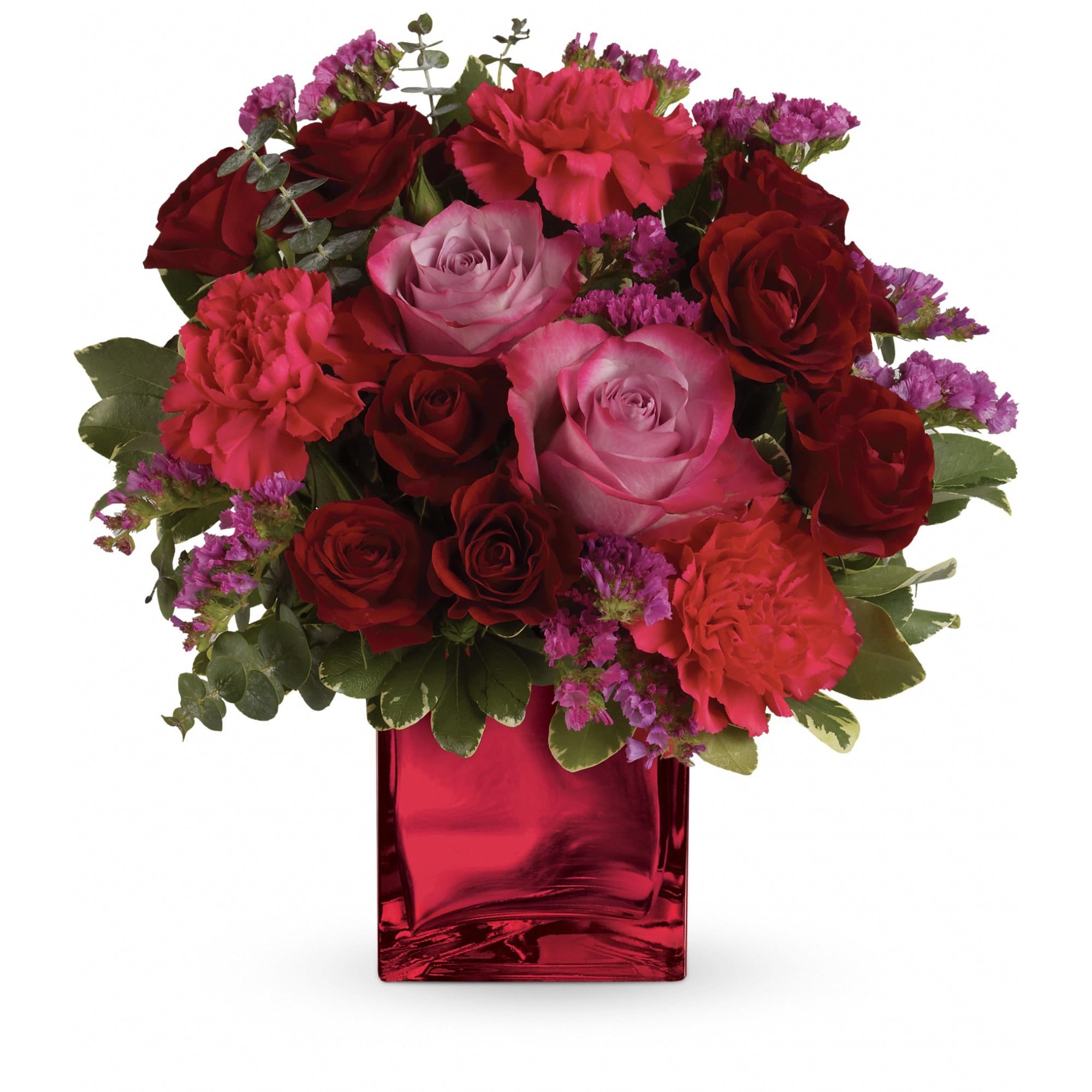 Ruby Rapture Bouquet - Enrapture your paramour with this dramatic display of red and lavender roses. This bouquet is arranged in a red, mirrored glass cube - a shining keepsake they'll treasure forever. 