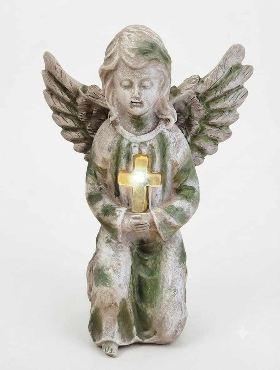 Stone angel figurine holding a glowing cross