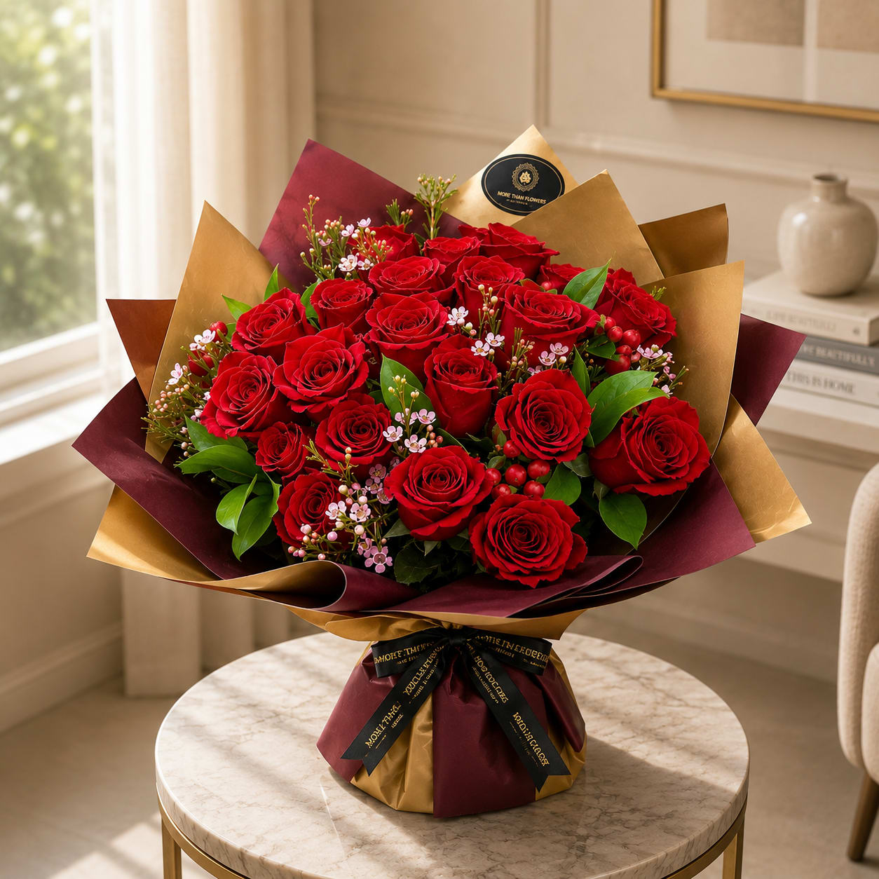 2 Dozen Handheld Bouquet - Red  - 2 Dozen Beauty Handheld Bouquet, Round Style: 2 dozen hand picked roses, wax, alstros, and greens nicely wrapped eurostyle accented with a ribbon. Quick and easy flower gift. (NO VASE INCLUDED)
