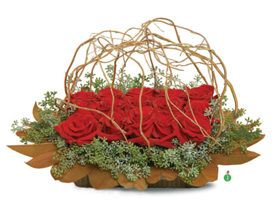 Red roses in a low basket with curly twig accents