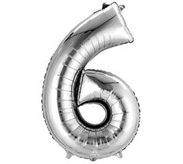 Silver foil balloon shaped like the number 6