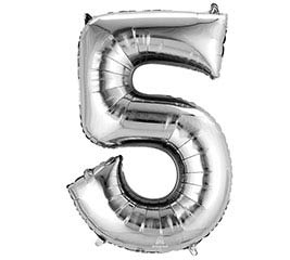 Silver foil balloon shaped like the number 5