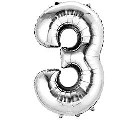 Silver number 3 foil balloon on a white background