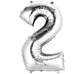 Silver foil balloon shaped like the number 2