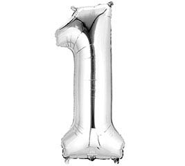 Silver foil balloon shaped like the number 1