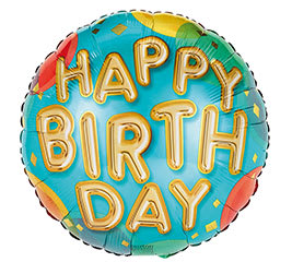 Round birthday balloon with "HAPPY BIRTHDAY" text