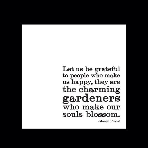 White card with a quote about gardeners in black text