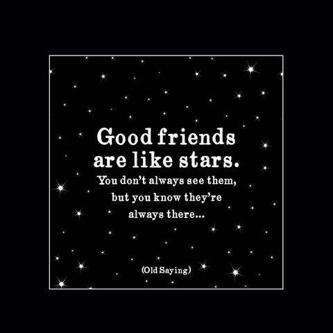 Black quote graphic with white stars and friendship text