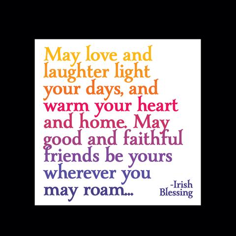 Irish blessing quote in multicolored text on a white card