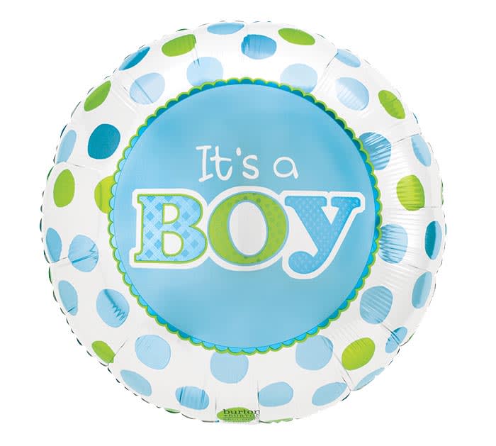 Round balloon with blue text reading It's a Boy