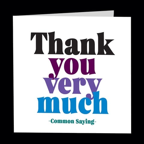 Thank you card with bold multicolor text on a white background