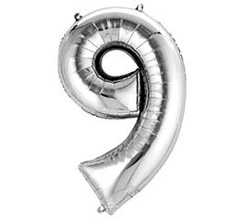Silver foil balloon shaped like the number 9