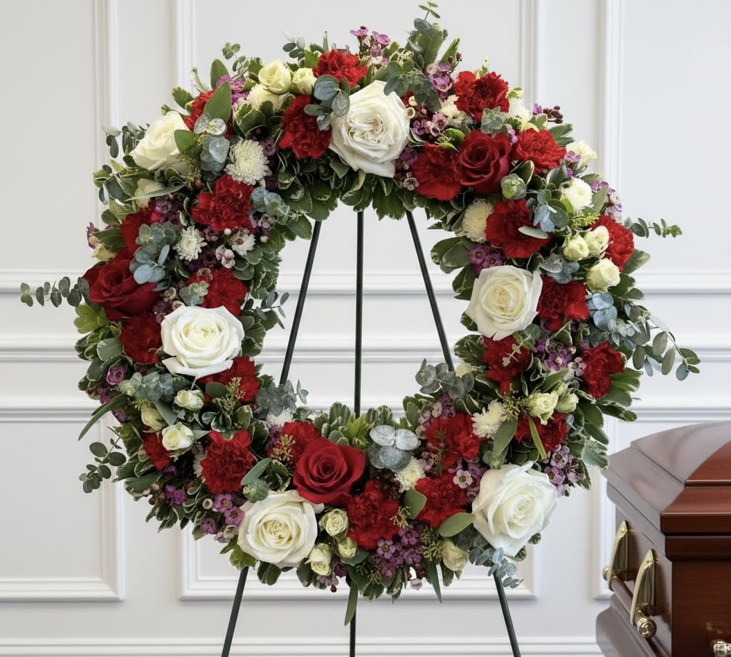 Circular funeral wreath of red and white roses on a stand