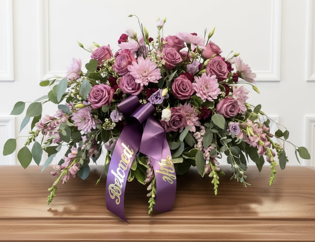 Large purple floral spray with roses and daisies, tied with a ribbon