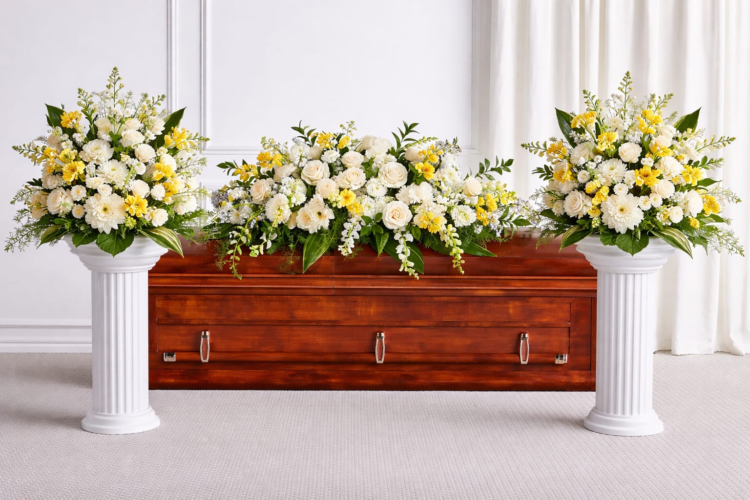 Golden Grace Bundle - The Golden Grace bundle features a coordinated set designed to create a balanced and serene tribute. The package includes a full casket spray paired with matching arrangements on elevated stands, offering a cohesive and polished presentation. Soft, complementary tones and lush textures provide a comforting and refined aesthetic. Perfect for honoring a loved one with grace and understated beauty.
