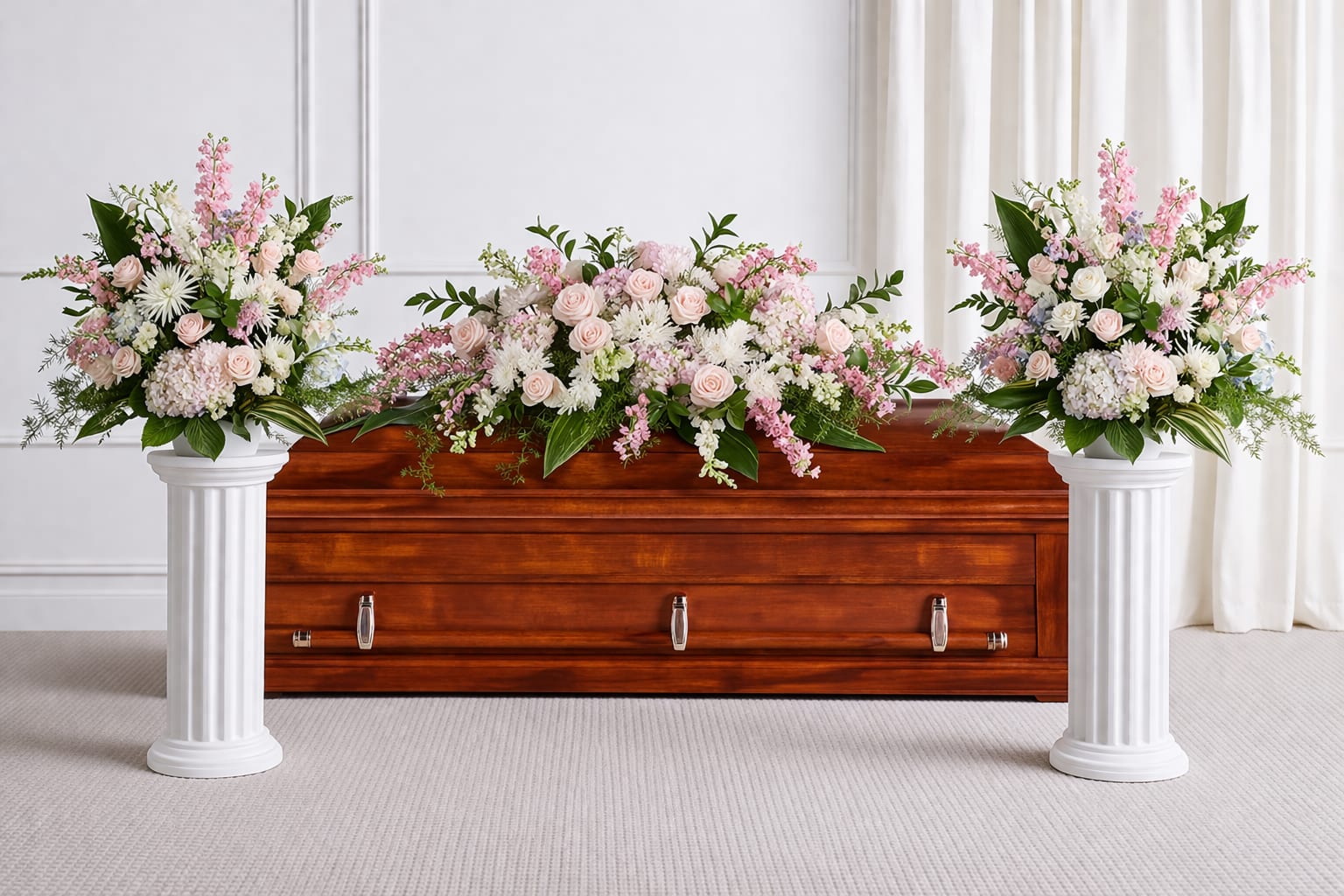 Pink Embrace Bundle - features a coordinated set designed to create a balanced and serene tribute. The package includes a full casket spray paired with matching arrangements on elevated stands, offering a cohesive and polished presentation. Soft, complementary tones and lush textures provide a comforting and refined aesthetic. Perfect for honoring a loved one with grace and understated beauty.