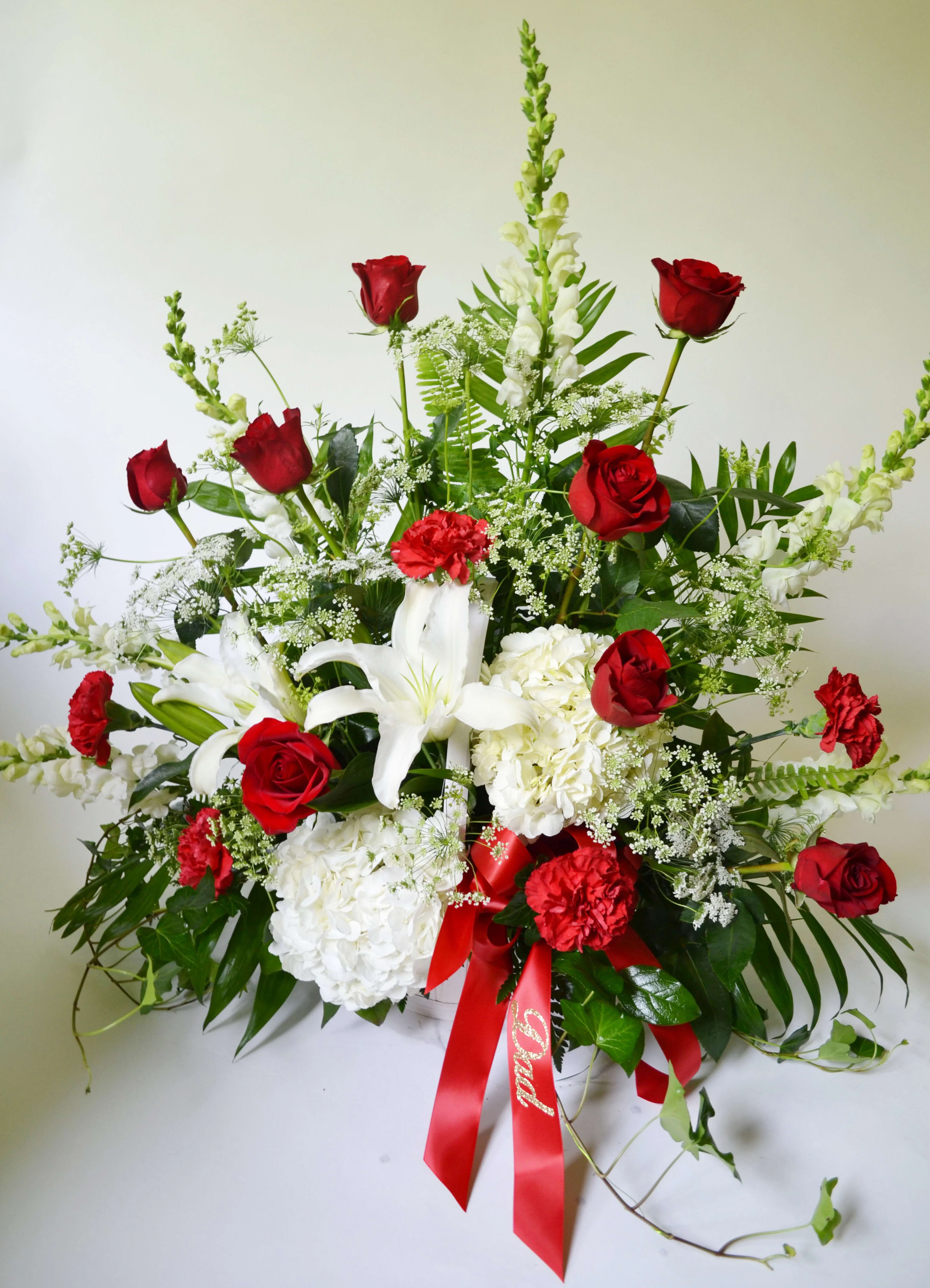Red and White Table Arrangement - Roses, Lilies, Hydrangea, Carnation, Snapdragon, Queen Ann's Lace, Ivy, Emerald Leaf