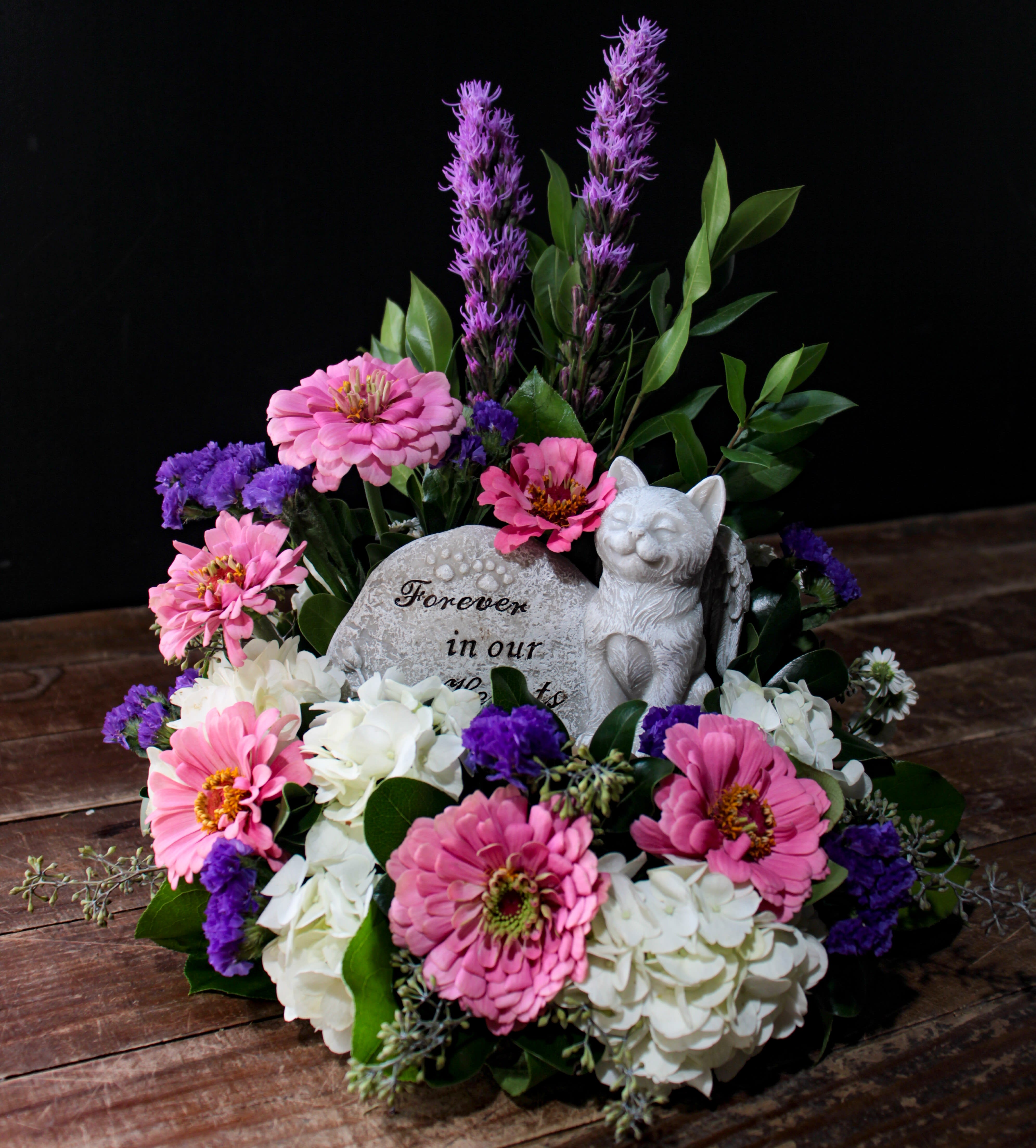 Pet Sympathy - Cat - An arrangement in remembrance of your precious fur baby with a keepsake piece that says, "Forever in our hearts."