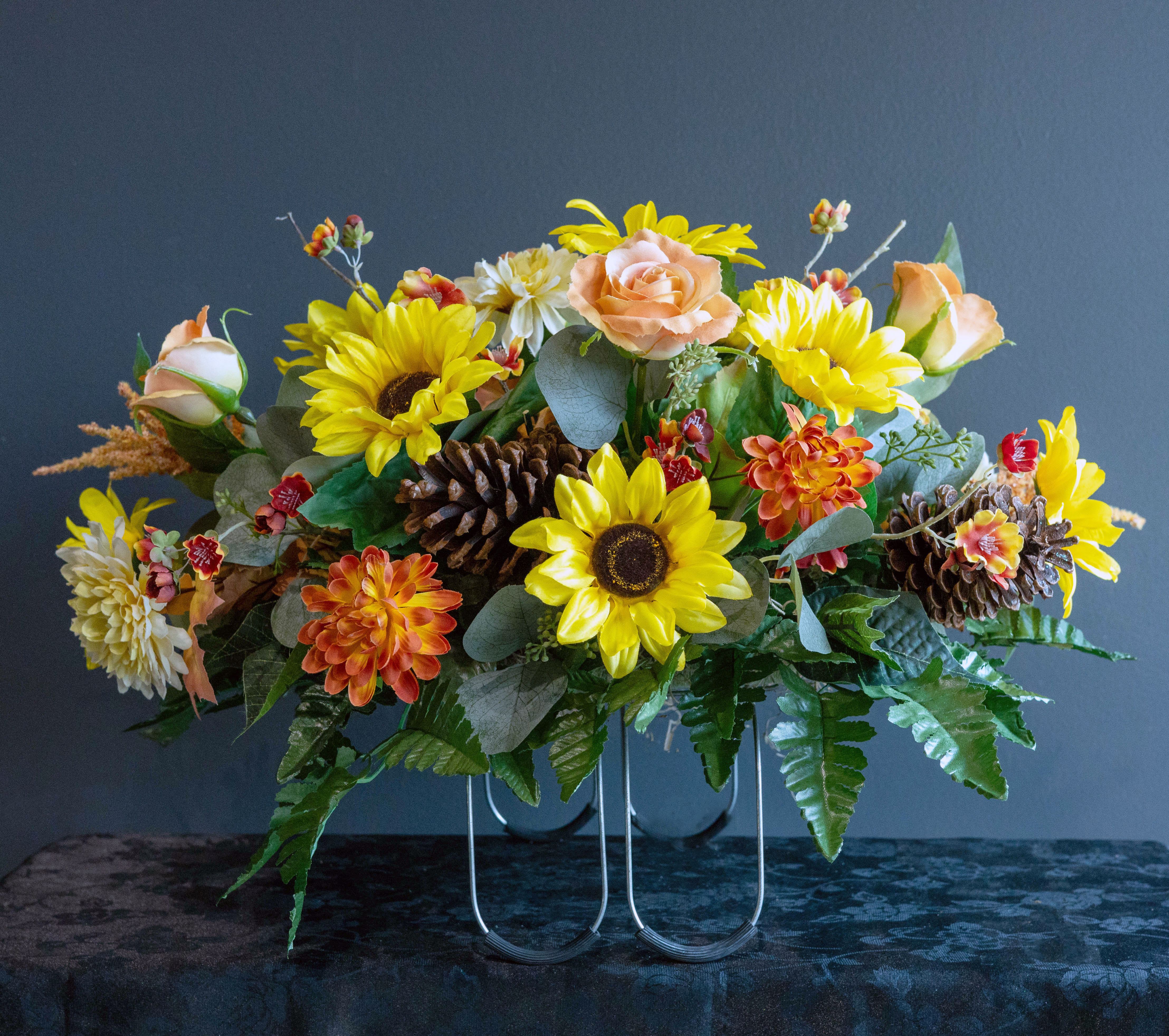 Yellow &amp; Orange Artificial Fall Cemetery Saddle - A beautiful artificial fall flower cemetery saddle in honor of a lost loved one with warm autumn colors!