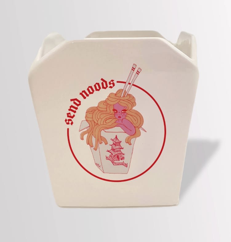 Takeout-style carton with a red illustrated noodle graphic
