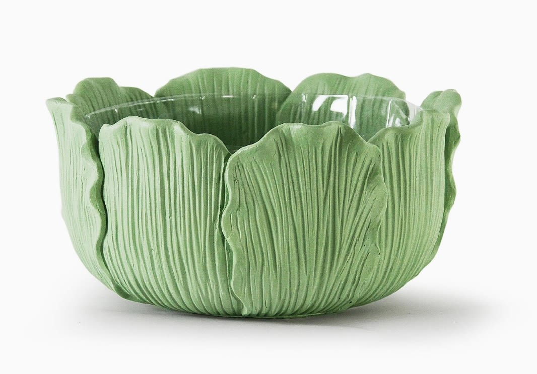 Green scalloped ceramic bowl with a textured petal-like exterior