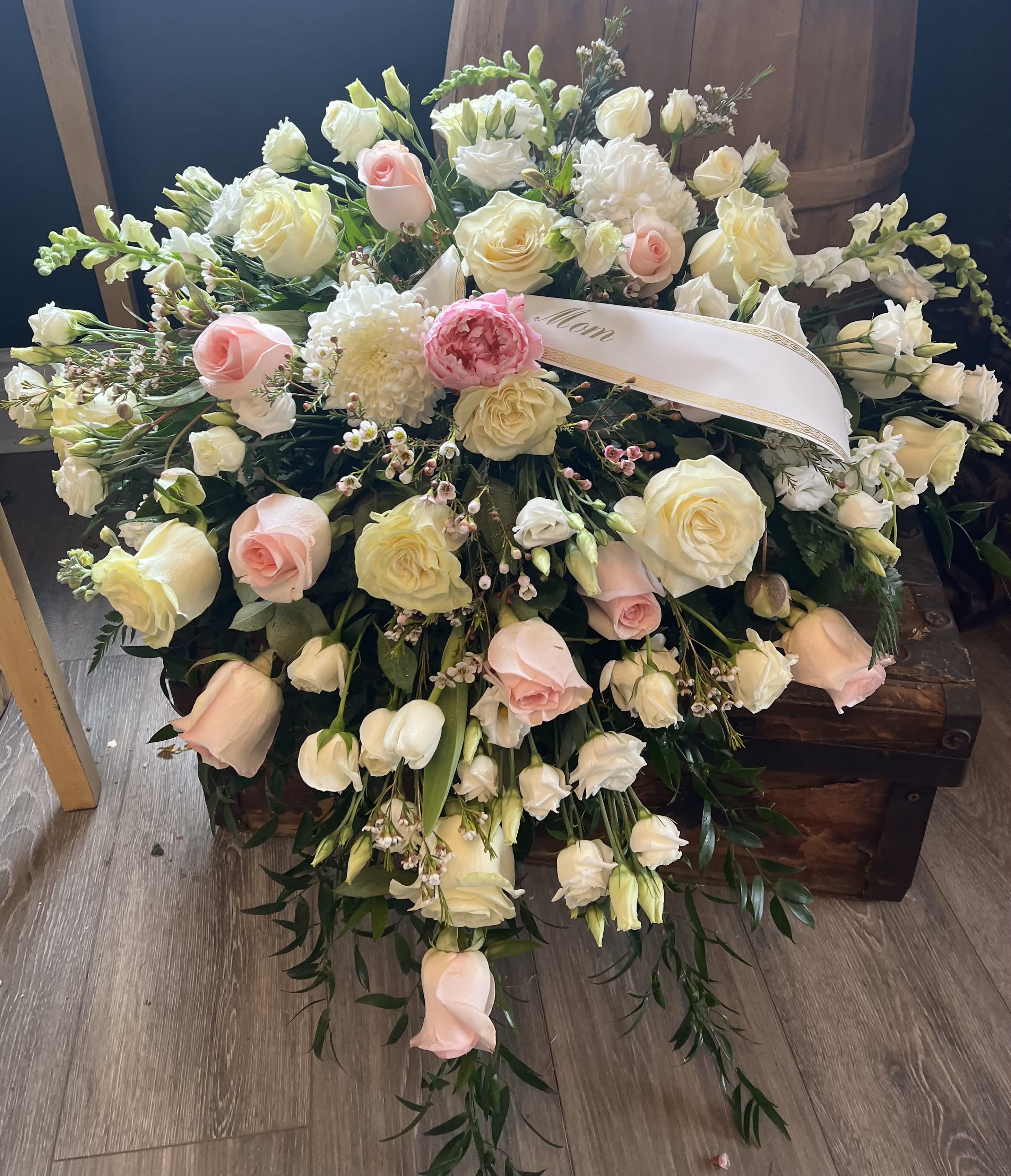 Large white and blush floral spray with roses and lilies