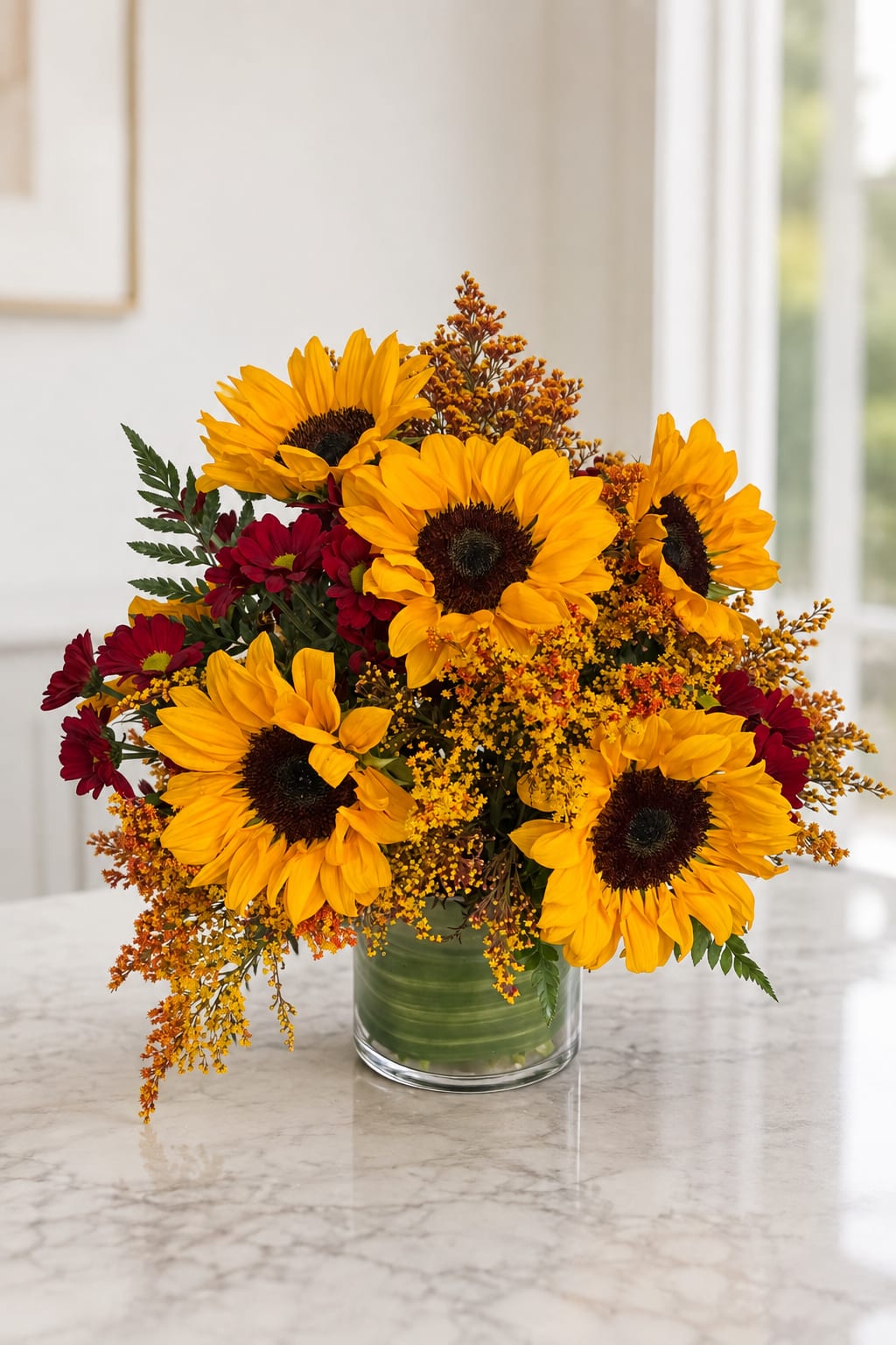 Sunflower and burgundy daisy arrangement in a clear glass vase
